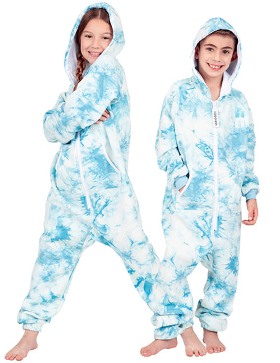 Tie Dye Blue Kids Footless Hoodie Onesie