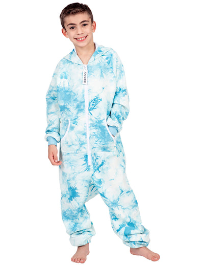 Tie Dye Blue Kids Footless Hoodie Onesie