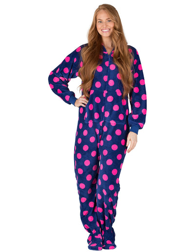 Navy Pink Polka Adult Hoodie Chenille Onesie