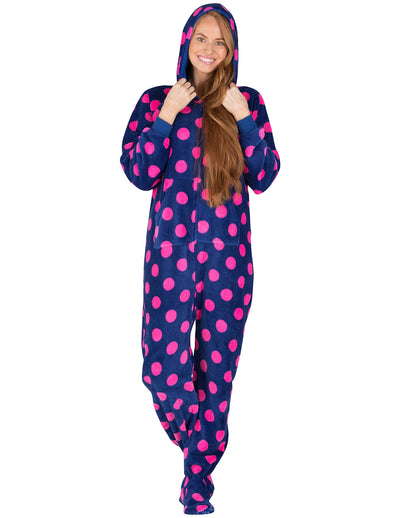 Navy Pink Polka Adult Hoodie Chenille Onesie