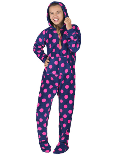 Navy Pink Polka Kids Hoodie Chenille Onesie