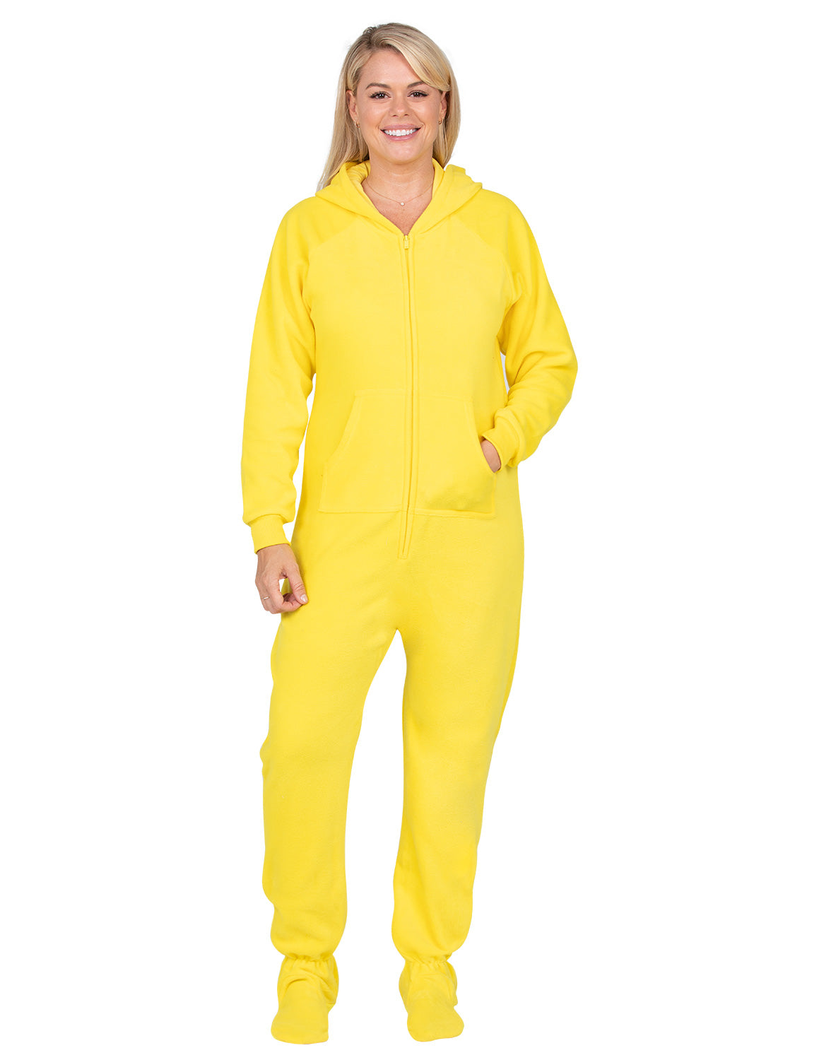 Lemon Yellow Hoodie One Piece - Adult Hooded Footed Pajamas, One Piece  Hooded Pjs