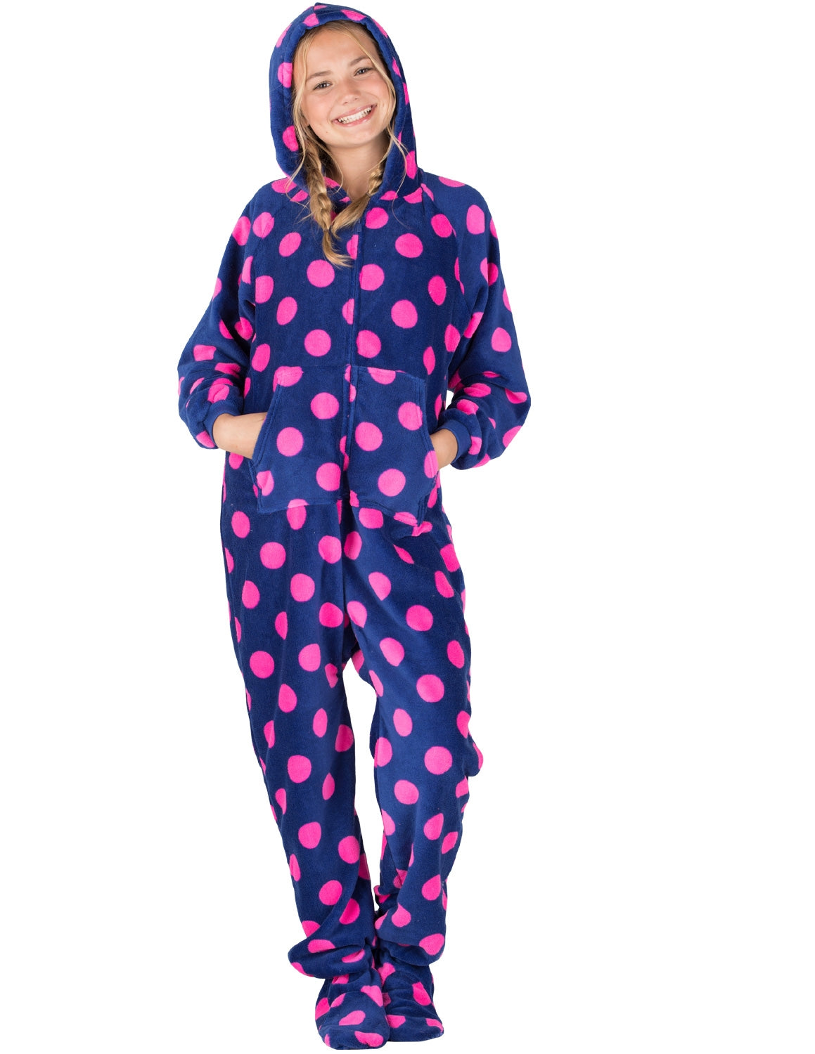 Navy Pink Polka Hoodie One Piece - Kids Hooded Footed Pajamas | Hooded ...