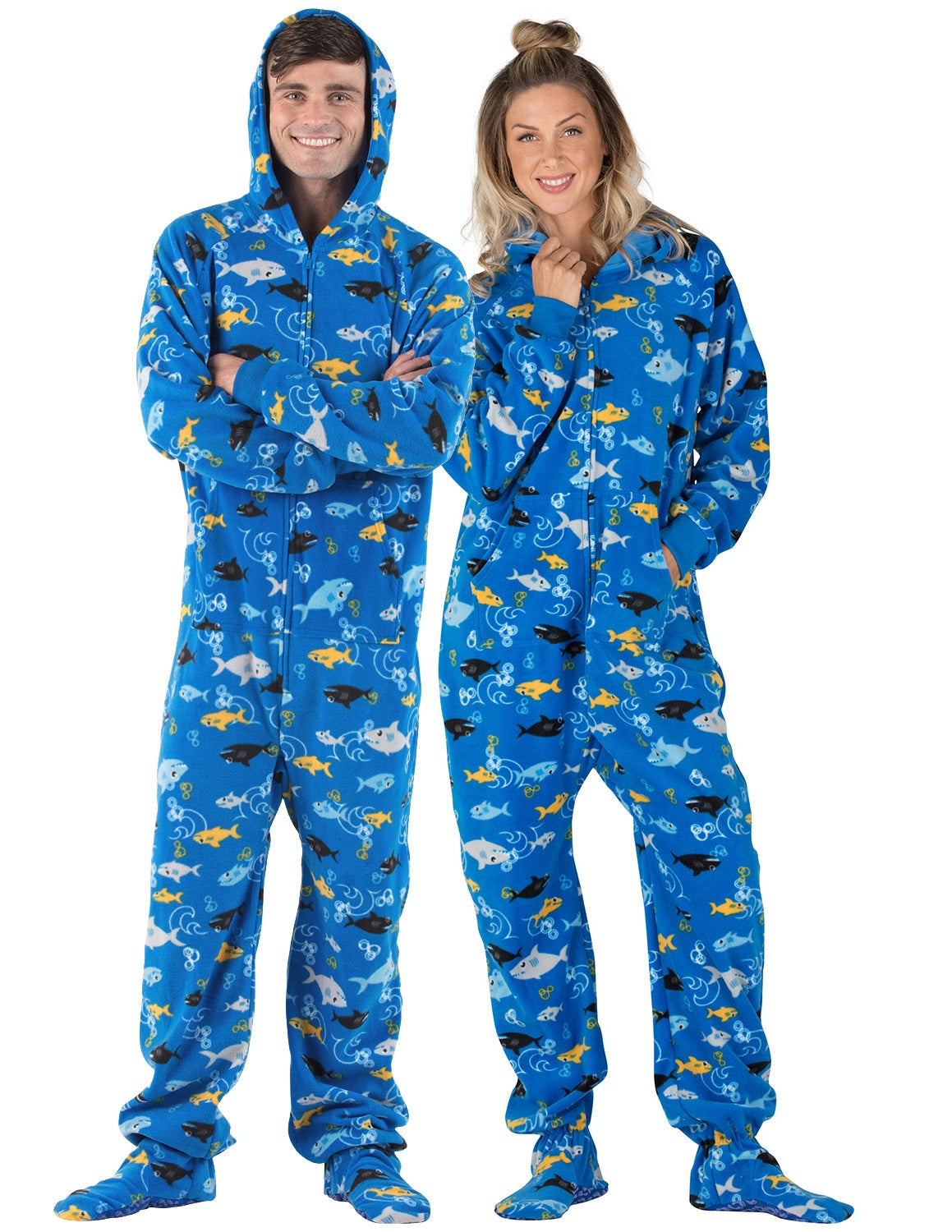 Shark Frenzy Hoodie One Piece - Adult Hooded Footed Pajamas, One Piece  Hooded Pjs