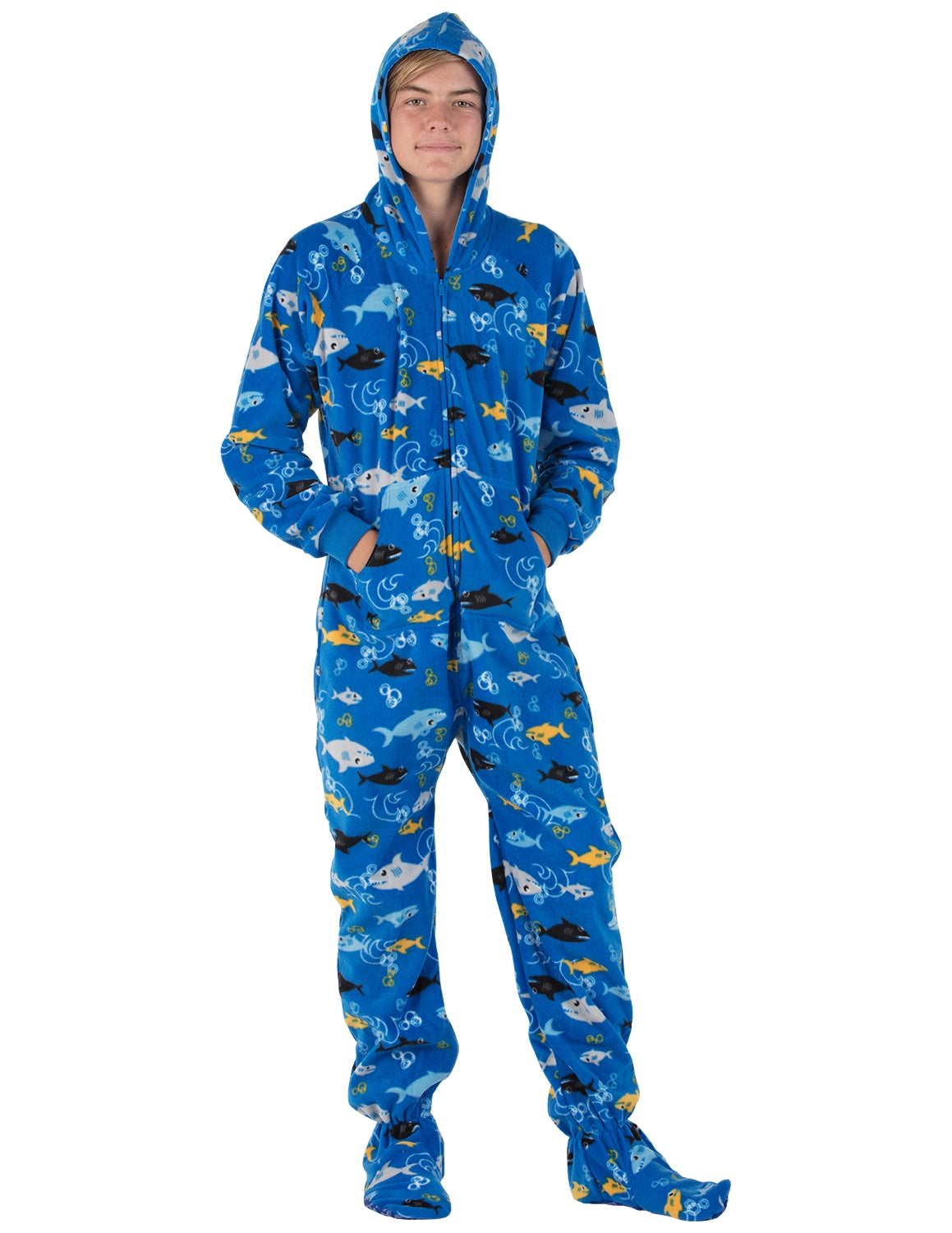 Shark Frenzy Hoodie One Piece - Kids Hooded Footed Pajamas